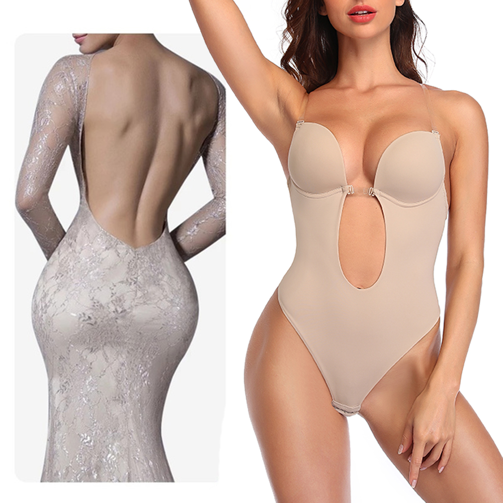 Women Backless Shapewear Bodysuti Shaper Lace Smooth Plunge Body Briefer  Vneck Strapless Backless Bodysuit For Wedding size XL Color Nude