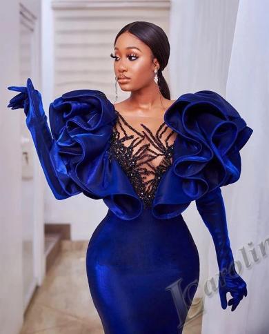 2021 Arabic Style Royal Blue Jumpsuit Prom Dresses Off the Shoulder Velvet  Outfit Straight Womens Special Occasion evening Wears