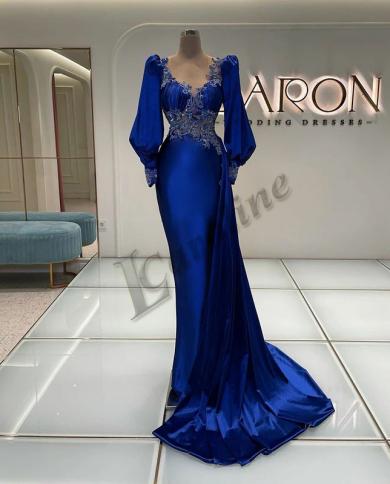 Lace V-neck Long Sleeve Blue Mermaid Evening Dress