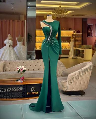 Caroline Mermaid Green Evening Dress 2023 Dubai Side Split Long Sleeves  Beading Sequined Prom Gowns Party Custom Made Color Burgundy US Size 2