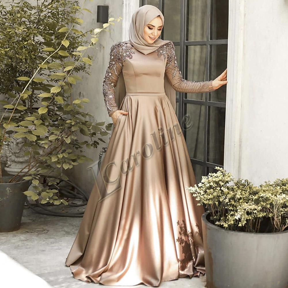 sachin and babi light blue dress Zapaka Women Champagne Satin Sheath Long Formal Dress V-Neck Long Sleeves  Evening Dress – ZAPAKA UK main image 0
