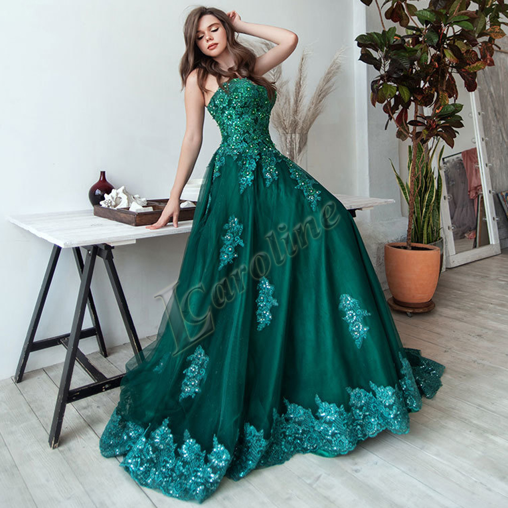 Caroline Dark Green Rhinestone Evening Dress Sleeveless A Line