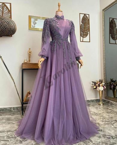 קרוליין סגול שמלת ערב אלגנטית עם צווארון גבוה שרוולי עששית ארוכים קו גלימות דה סוריה נשים שמלות נשף בגזרת מסיבה