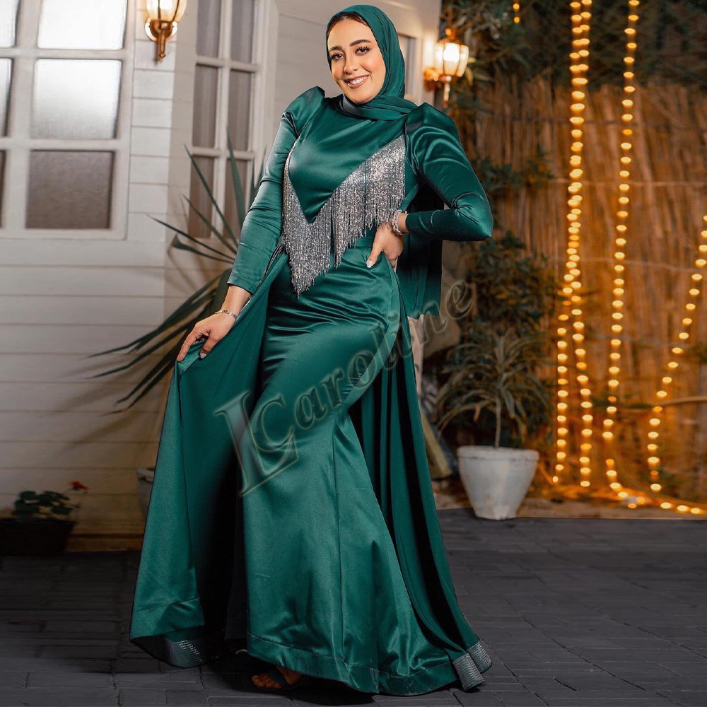green emerald velvet dress Emerald Green Long Sleeve Gown Dresses Embellished Muslim Caftan Dress   Sultan Dress