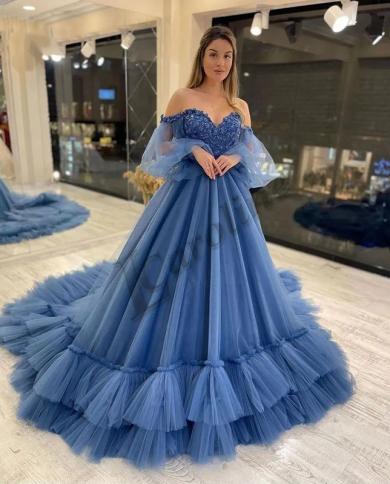 Caroline Dusty Blue Tulle Evening Dress Layered Skirt Strapless