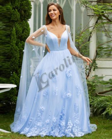 קרוליין בייבי כחול שמלת ערב אלגנטית צווארון V עמוק רצועת ספגטי צעיף קו אפליקציות נשים שמלות נשף מסיבה בהתאמה אישית