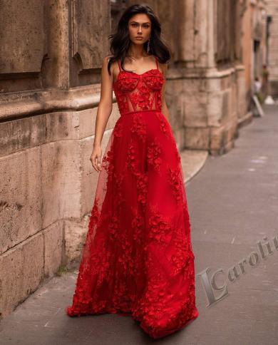 קרוליין אדומה מתוקה שמלת ערב רצועת ספגטי אפליקציות פרח טול אשליה אלגנטית נשים שמלות נשף שמלות מסיבה