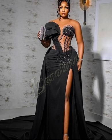 קרוליין שחור סאטן חרוזים יהלומים מלאכותיים שמלות מסיבה רשמיות לנשים צד שסע שמלות נשף מסיבה לעשות בהזמנה אישית