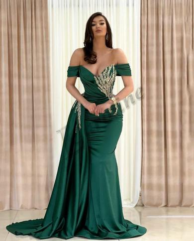 Caroline Green Mermaid Evening Dress Satin Off The Shoulder Gold Appliques  Vestidos Robes De Soire Prom Gowns Party Cu Color Navy blue US Size 16W