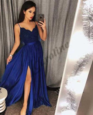 Caroline כחול רויאל שמלת ערב אלגנטית צווארון V רצועת ספגטי אפליקציות קו צד פיצול נשים שמלות נשף בגזרת מסיבה
