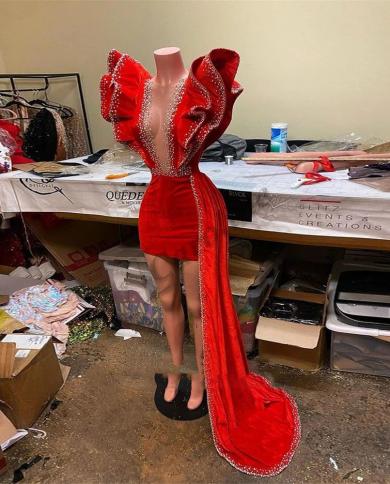 קרוליין אדומה בתולת ים שמלת ערב עמוקה צווארון V חרוזים שרוולים סלסול קו גלימות דה סוריה נשים שמלות נשף בגזרת מסיבה