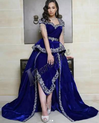 קרוליין קטיפה כחול מלכותי מרוקו ציצית שמלת ערב מוסלמית לנשים קו אפליקציות שמלות נשף מסיבה בהתאמה אישית f