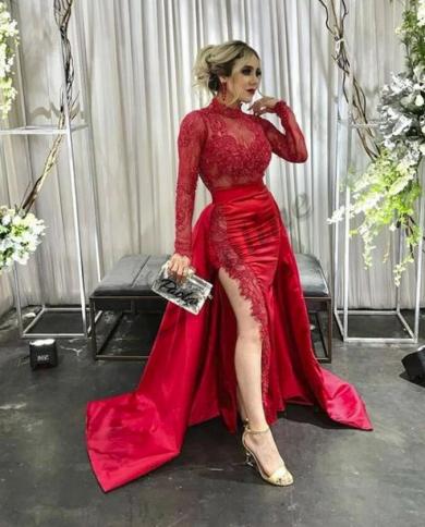Elegant Burgundy Long Sleeves Lace and Satin Split Gown Women Prom Dre –  Siaoryne