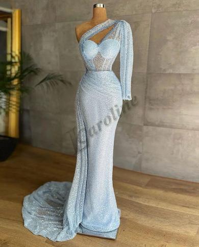 קרוליין בייבי כחול שמלת ערב מודרנית טול אשליה כתף אחת נצנצים נצנצים בתולת ים נשים שמלות נשף מסיבה בהתאמה אישית