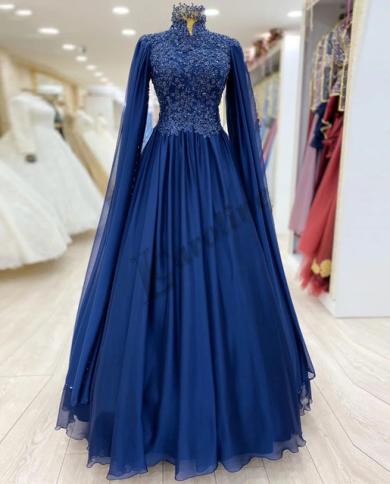 Caroline Royal Blue Evening Dress Long Sleeves High Neck A Line Elegant  Apploques Beads Women Prom Gowns Party Custom Ma Color Navy blue US Size 16W