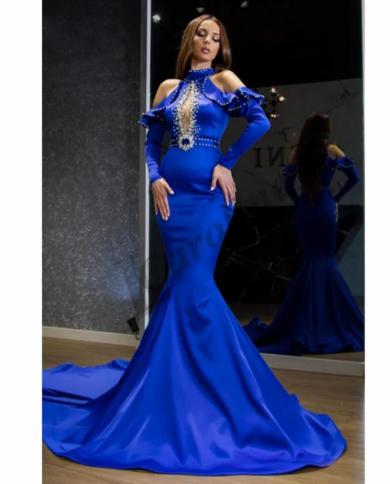 קרוליין כחול רויאל מחוץ לכתף שמלת ערב גבוה צווארון נצנצים נצנצים קריסטל בתולת ים נשים שמלות נשף מסיבה בהתאמה אישית