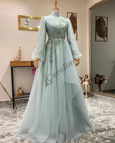 Caroline Mint Green Evening Elegant Dress High Neck Long Lantern Sleeves A  Line Appliqeus Beads Prom Gowns Party Custom Color Navy blue US Size 4
