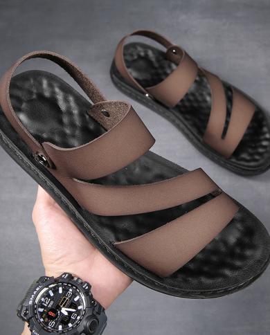 סנדלים רומאיים לגברים סנדלים שחורים קלאסיים עור אמיתי נושמים סוליית גומי מונעת החלקה נעלי חוף שטוחות ומרעננות