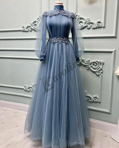 כחול קרוליין שמלת ערב עם צווארון גבוה שרוולים ארוכים קו אלגנטי אפליקציות חרוזים רשמיות נשים שמלות נשף מסיבה בהתאמה אישית