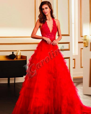 שמלת ערב ללא גב עם שכבות של קרוליין אדומה לנשים ללא שרוולים קו אפליקציות שמלות נשף מסיבה בהתאמה אישית גלימות דה