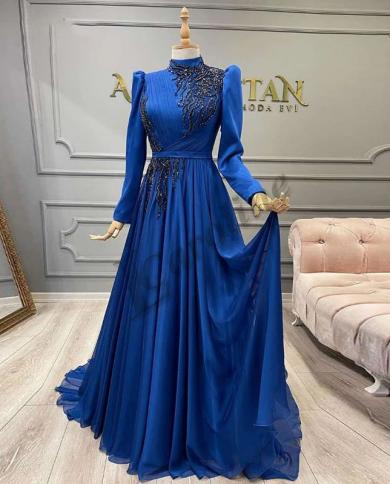 שמלת ערב אלגנטית כחול רויאל עם צווארון גבוה שרוולים ארוכים אלין חרוזים באורך הרצפה נשים שמלות נשף מסיבה בהתאמה אישית