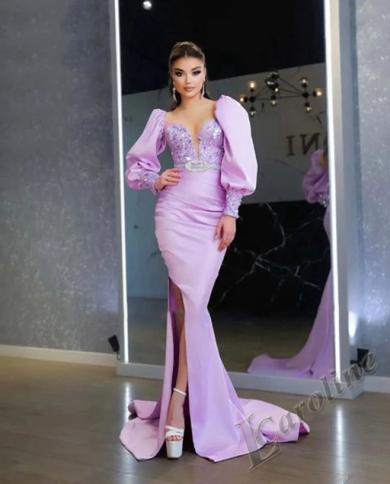 Caroline Lilac Vintage Satin Long Sleeves Evening Dress Sweetheart Beads  Crystals Floor Length Women Prom Party Custom M Color Black US Size 2
