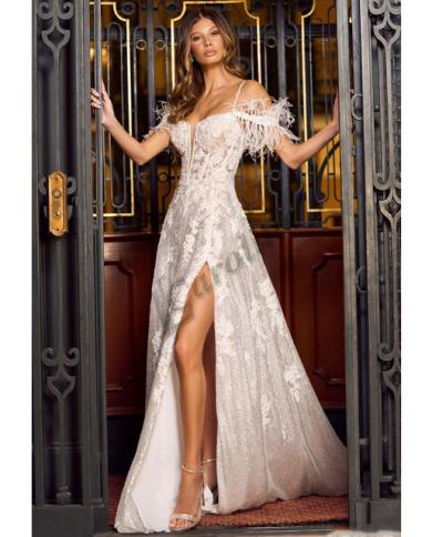 caroline's prom dress Caroline White Sweetheart Evening Dress Spaghetti Strap Feathers Off  Shoulder Side Slit Appliqeus Prom Gowns Party Custo Color Burgundy US Size 2
