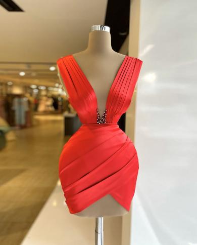 שמלות מיני קוקטייל לנשים 2023 V צווארון נטול שרוולים סאטן שמלת נשף ישרה קריסטל שמלות מסיבות בהתאמה אישית