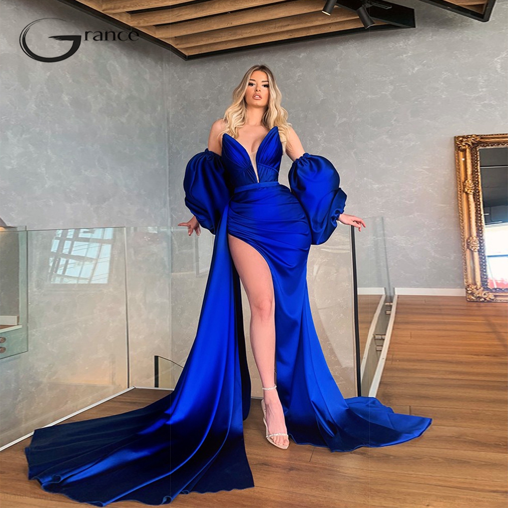 Royal Blue V Neck Stretch Satin Asymmetrical Evening Dresses For Women  Puffy Sleeve Pleat Summer V Neck Prom Gowns 2023 Color Pink US Size Custom  Size