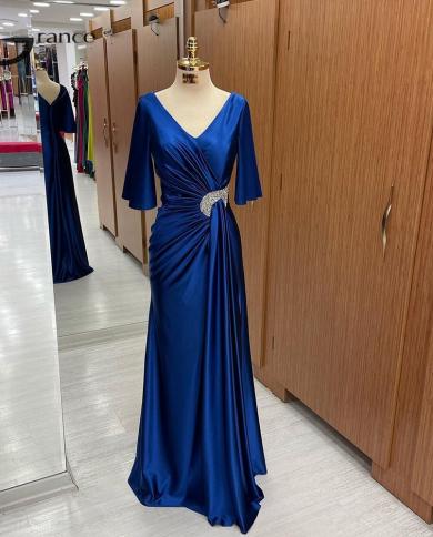 סטרפלס שמלות ערב לנשים כחול רויאל 2023 חרוזים מתיחה סאטן חצי שרוול שמלות נשף באורך הרצפה robe de so