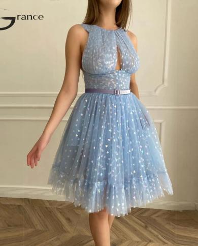glitter scoop evening dresses for women 2023 summer sleeveless prom gowns with belt vestido de noche tea length فسات