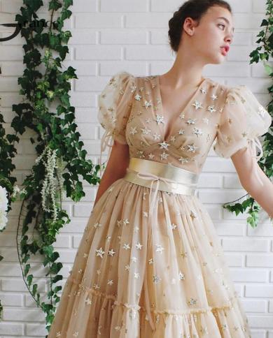 white christmas dresses A Line V Neck Champagne Lace Prom Dresses, Champagne Lace Formal Gradu –  jbydress main image 1