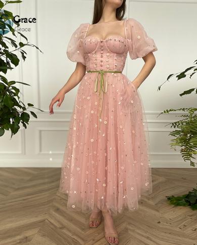 pink half corset ankle length evening dresses for women charming zipper back prom gowns button back vestido de noche ف�