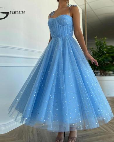 שמלות ערב עם רצועות ספגטי פשוטות נצנצות לנשים קו כוכב שמלות נשף נצנצים שמיים כחולים רוכסן גב ללא שרוולים