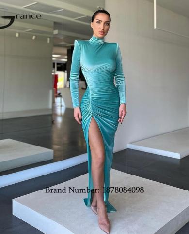 שמלות ערב אסימטריות חדשות עם צווארון גבוה שרוולים מלאים לנשים 2023 קפלים באורך רצפת שמלות נשף עם חלוק סאטן דה s
