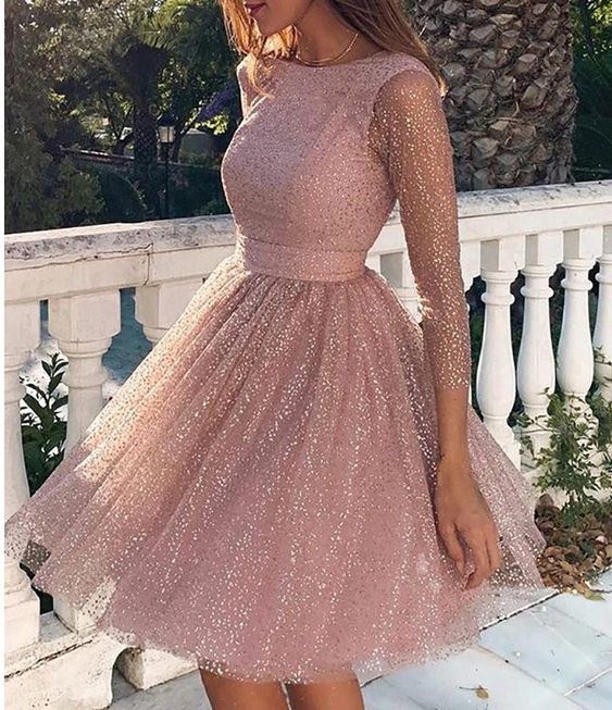 Pink Bling Prom Dresses Short Long Sleeves Sparkle A Line Sccop Neck  Evening Gowns Graduation Homecoming Dress Color champagne US Size Custom  Size