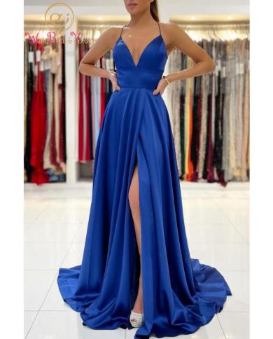 שמלת נשף כחולה רויאל ארוכת קו סאטן עמוק צווארון V ללא שרוולים רצועת ספגטי שמלת ערב נשים מסיבה רשמית אלגנטית