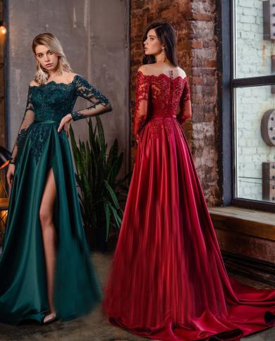 שמלות נשף לנשים 2023 אפליקציות תחרה ארוכות נצנצים קו צווארון קו סאטן רכבת לטאטא שרוולים מלאים סלבריטי ד
