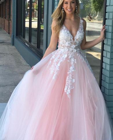 V Neck Two Pieces Pink Floral Lace Long Prom Dress, Pink Lace