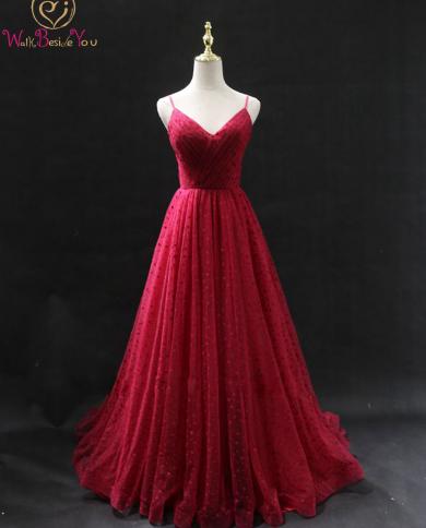 שמלת נשף אדומה כהה 2023 נקודות טול ארוך קו עמוק צווארון V ספגטי רצועת ספגטי סוויפ רכבת שמלת ערב ללא שרוולים נשים