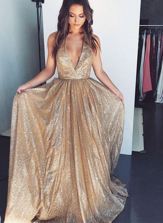 Gold v cheap neck dress