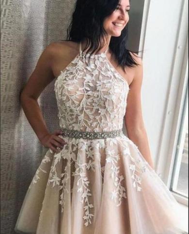Beading Lace A Line Halter Neck Short Champagne Homecoming Dresses with Belt Beading Lace A Line Halter Neck Short Champagne Homecoming Dresses with Belt