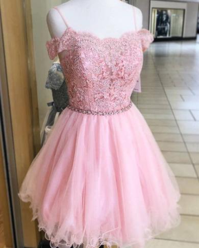 Short Pink Prom Dresses Lace Applique Beaded Illusion Spaghetti