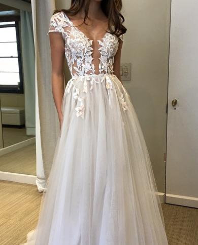 Ivory Prom Dresses Lace Appliques Cap Short Sleeve Deep V Neck Party Split  Tulle A Line Backless Sweep Train Evening Go Color Black US Size 16