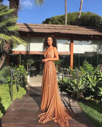 Gold V Neck Pleats A Line Backless Prom Dress Gold V Neck Pleats A Line Backless Prom Dress