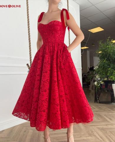 שמלות נשף תחרה אדומה רצועת ספגטי באורך תה קו מתוקה עם שמלות ערב כיס מסיבה רשמית נשים gradua