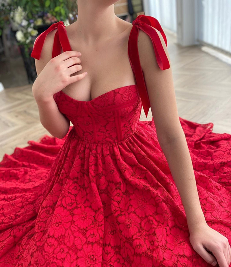 Red Lace Prom Dresses Tea Length Spaghetti Strap A Line Sweetheart With  Poacket Evening Gowns Formal Party Women Gradua Color champagne US Size  Custom Size