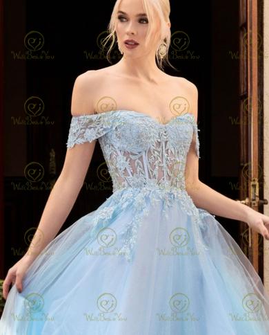 Jewel Beading Bodice Sparkle Light Blue Tulle Prom Dress with Short Sleeves  PD1754