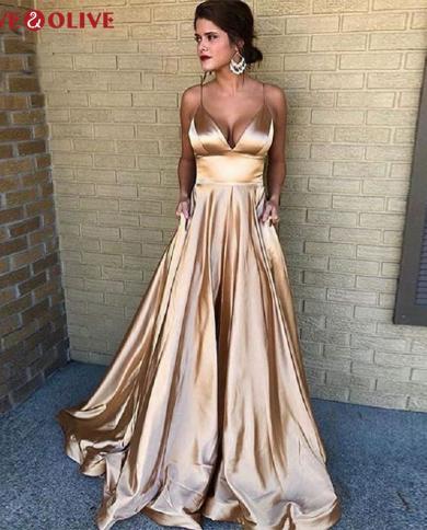 זהב סאטן קו שמלות נשף 2023 נשים מסיבה רשמית רצועות ספגטי ארוכות שמלות ערב vestido de fiesta אלגנטי גל
