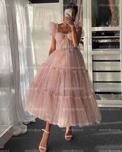 Pink Tea Length Prom Dresses Tulle Straps Sweetheart A Line Simple Boho  Beach Birthday Party Evening Gowns Custom Made Color champagne US Size 10